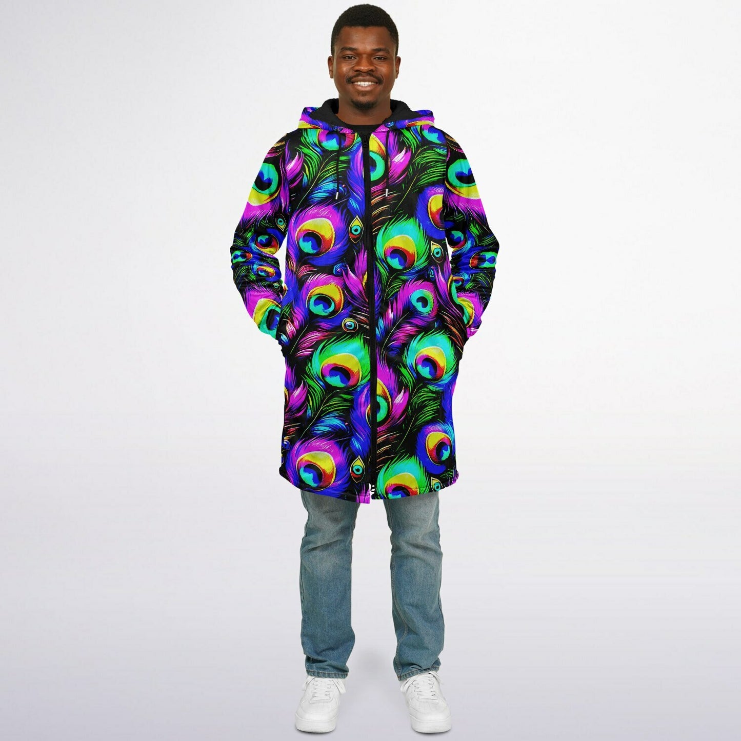 Psychedelic Peacock Print Zipper Cloak - Bold, Vibrant All-Over Design | Luxurious Comfort & Striking Style