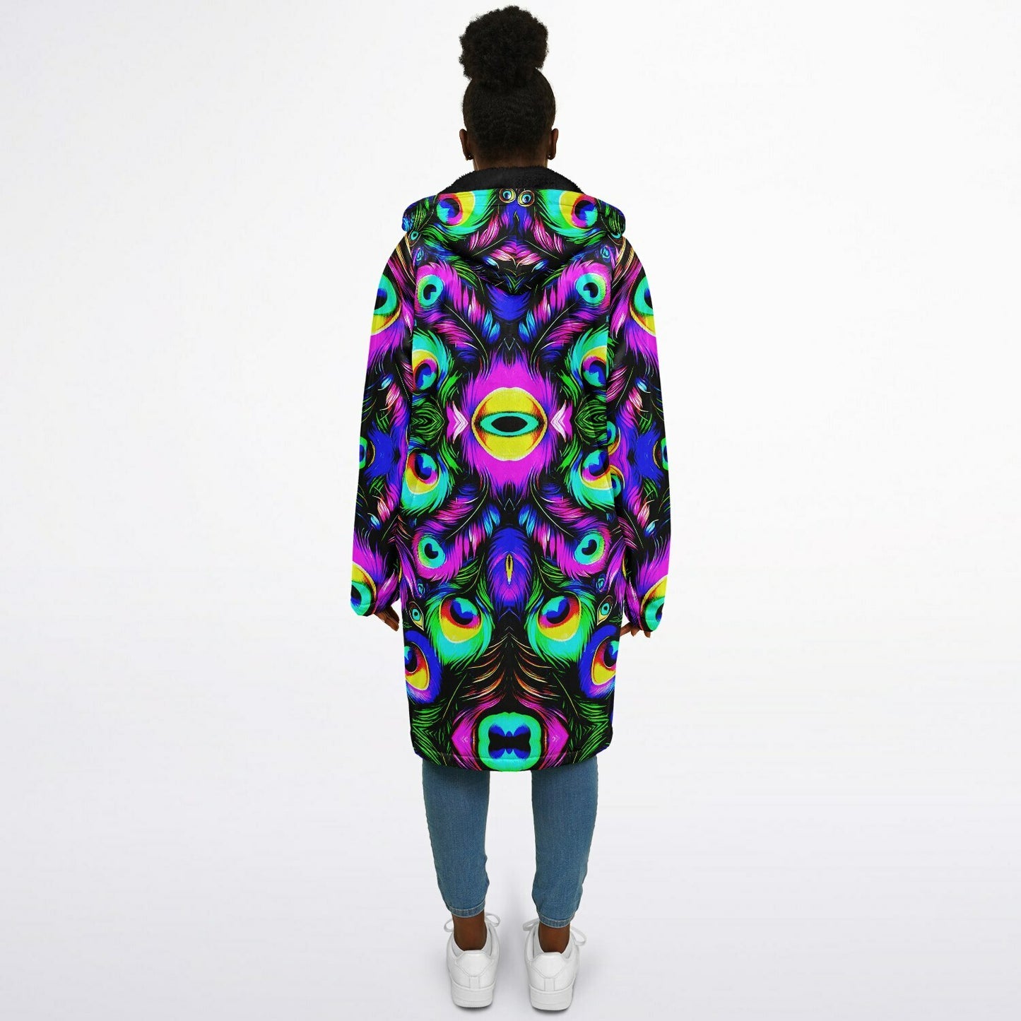 Psychedelic Peacock Print Zipper Cloak - Bold, Vibrant All-Over Design | Luxurious Comfort & Striking Style