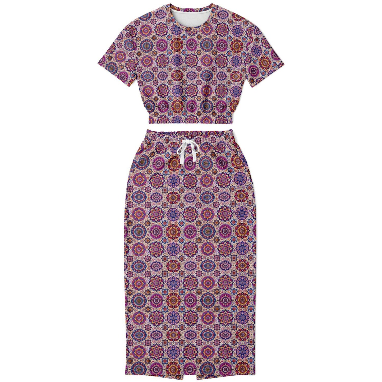 Athletic Cropped Short Sleeve Sweatshirt & Long Pocket Skirt Set – All-Over Print Activewear, Trendy Sportswear & Casual Wear for Women