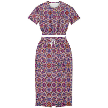 Athletic Cropped Short Sleeve Sweatshirt & Long Pocket Skirt Set – All-Over Print Activewear, Trendy Sportswear & Casual Wear for Women