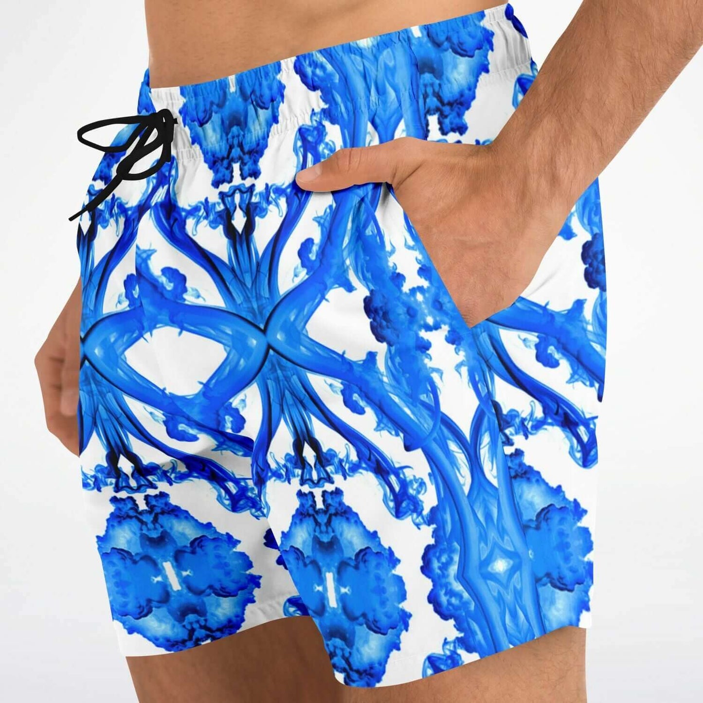 Ocean Blue Cymatic Men’s Swim Shorts featuring a creative blue pattern and a side pocket for convenience.