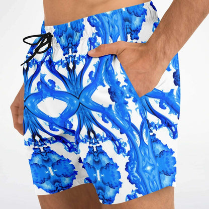 Ocean Blue Cymatic Men’s Swim Shorts featuring a creative blue pattern and a side pocket for convenience.