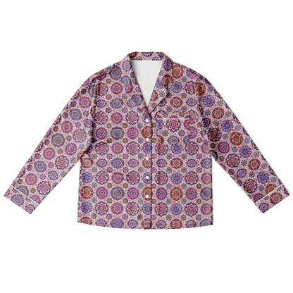 Luxury Pink Geometric Women’s Satin Pyjamas – All-Over Print Elegant Sleepwear, Soft & Comfortable Pajama Set for Women