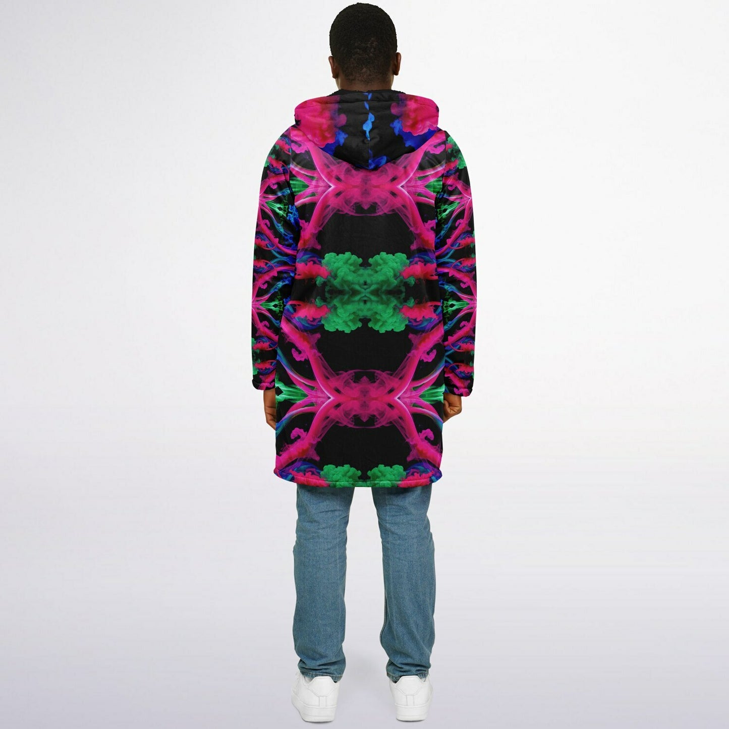 Neon Spectrum Cymatic Zip Cloak – Bold, Futuristic & Ultra-Cozy Longline Jacket