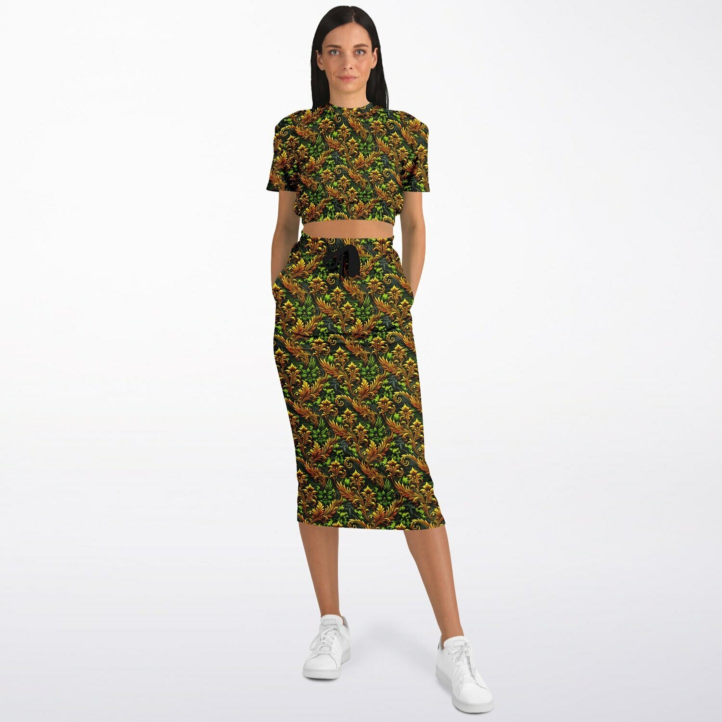 Gold Garden Cropped Sweatshirt & Long Pocket Skirt Set – Trendy Two-Piece Loungewear & Streetwear Outfit (AOP)