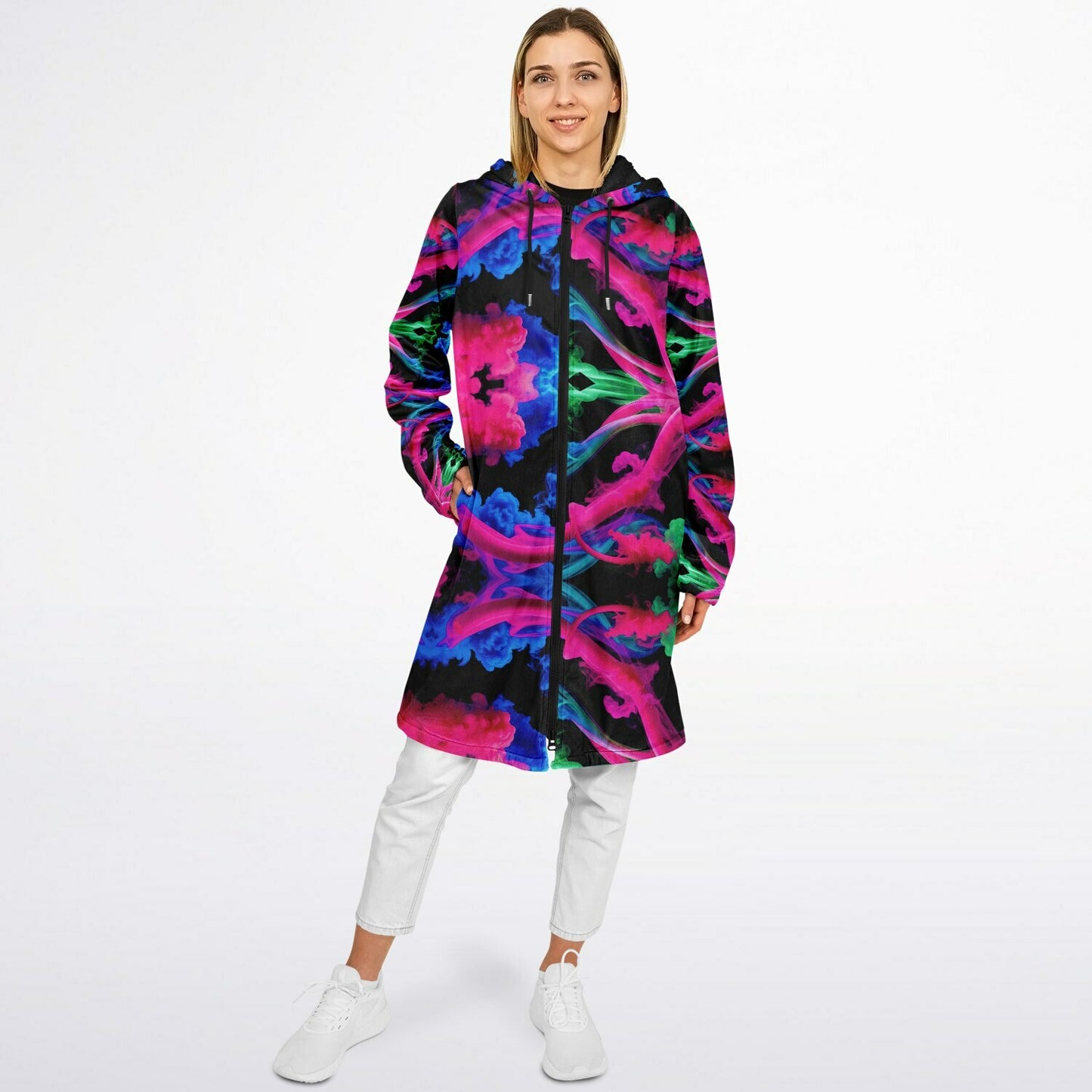 Neon Spectrum Cymatic Zip Cloak – Bold, Futuristic & Ultra-Cozy Longline Jacket