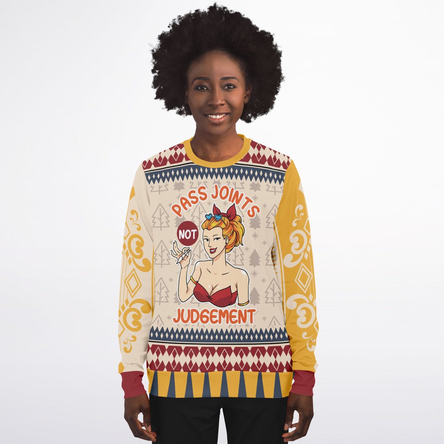 Funny Cannabis Sweatshirt – “Pass Joints, Not Judgement” Stoner Holiday Jumper, Spiritual Humour Gift