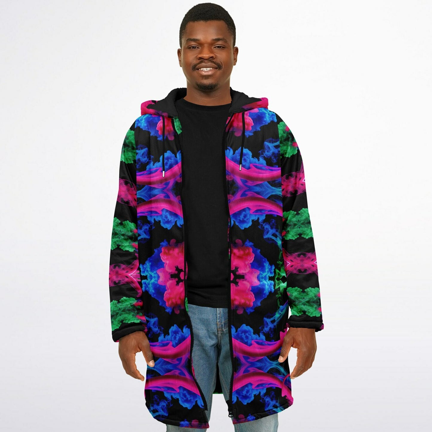 Neon Spectrum Cymatic Zip Cloak – Bold, Futuristic & Ultra-Cozy Longline Jacket