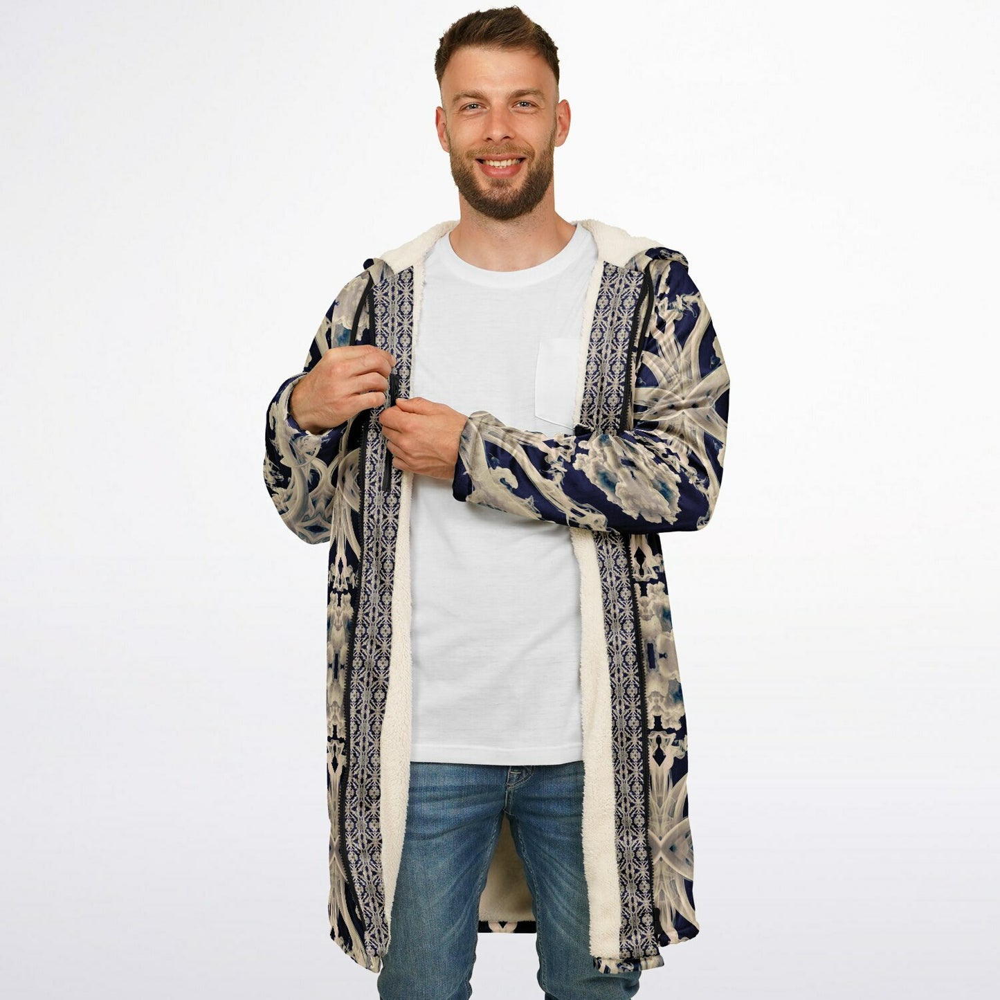 Clear Smoke Cymatic Zip Cloak – Sleek, Futuristic & Ultra-Cozy Longline Jacket