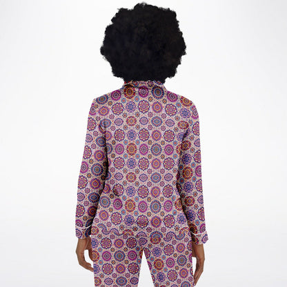 Luxury Pink Geometric Women’s Satin Pyjamas – All-Over Print Elegant Sleepwear, Soft & Comfortable Pajama Set for Women