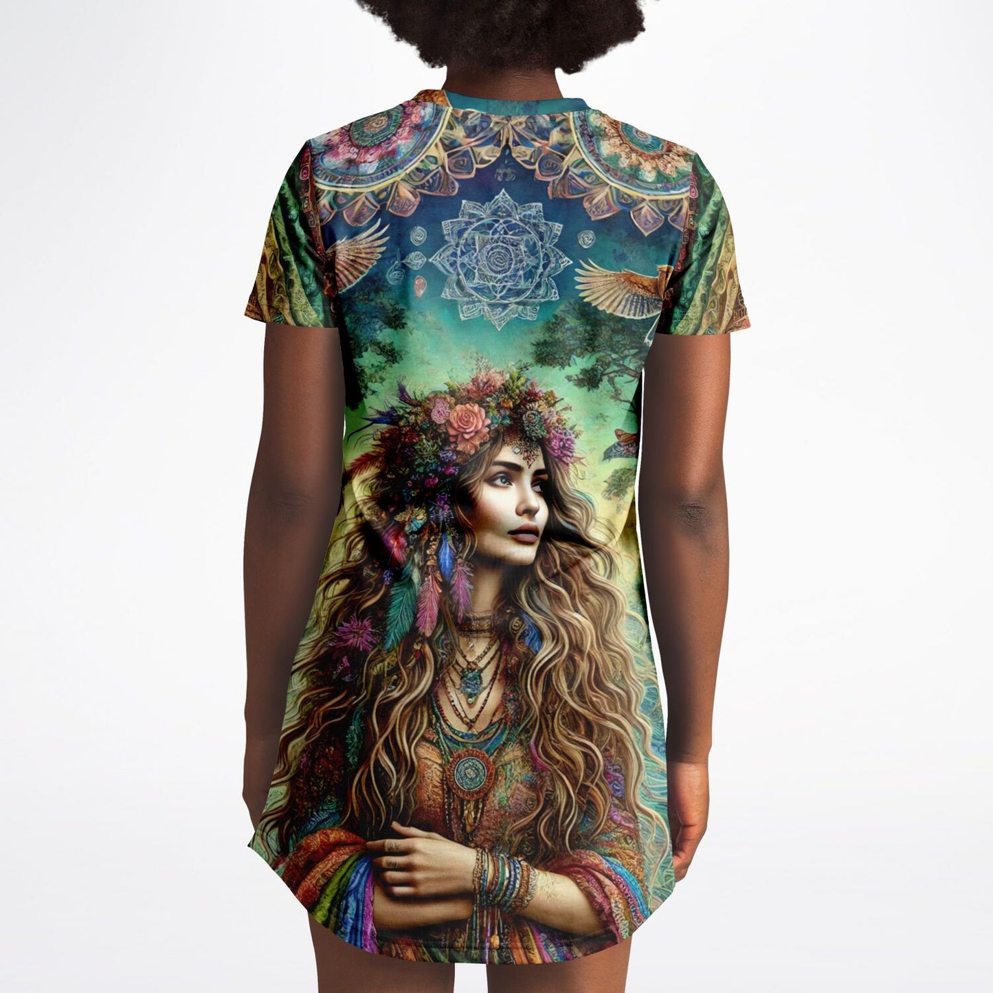Spiritual Goddess Trinity Collection T-Shirt Dress – Vibrant All-Over Print (AOP) Featuring Unique Faces for Boho Chic Comfort