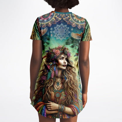 Spiritual Goddess Trinity Collection T-Shirt Dress – Vibrant All-Over Print (AOP) Featuring Unique Faces for Boho Chic Comfort