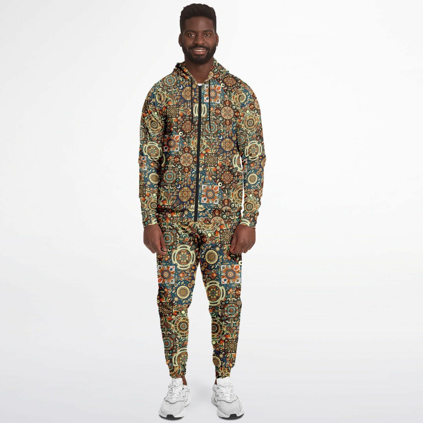 Boho Patchwork Zip Hoodie & Jogger Set – Bohemian Style Loungewear, Trendy All-Over Print Tracksuit, Casual Streetwear & Comfortable Activewear