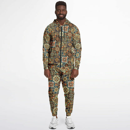 Boho Patchwork Zip Hoodie & Jogger Set – Bohemian Style Loungewear, Trendy All-Over Print Tracksuit, Casual Streetwear & Comfortable Activewear