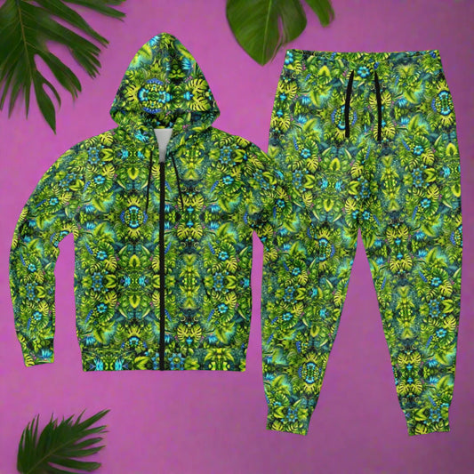 Tropical Trip “Grass is Greener” Psychedelic Zip Hoodie & Jogger Set – Vibrant Festival Streetwear for Bold Self-Expression