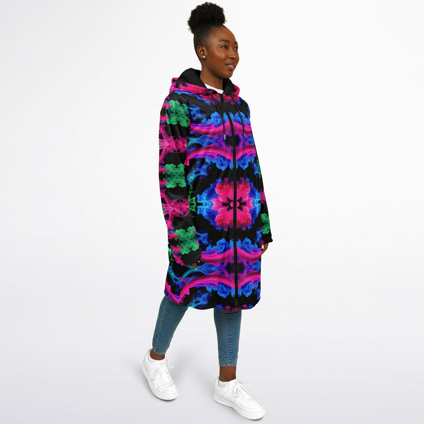 Neon Spectrum Cymatic Zip Cloak – Bold, Futuristic & Ultra-Cozy Longline Jacket