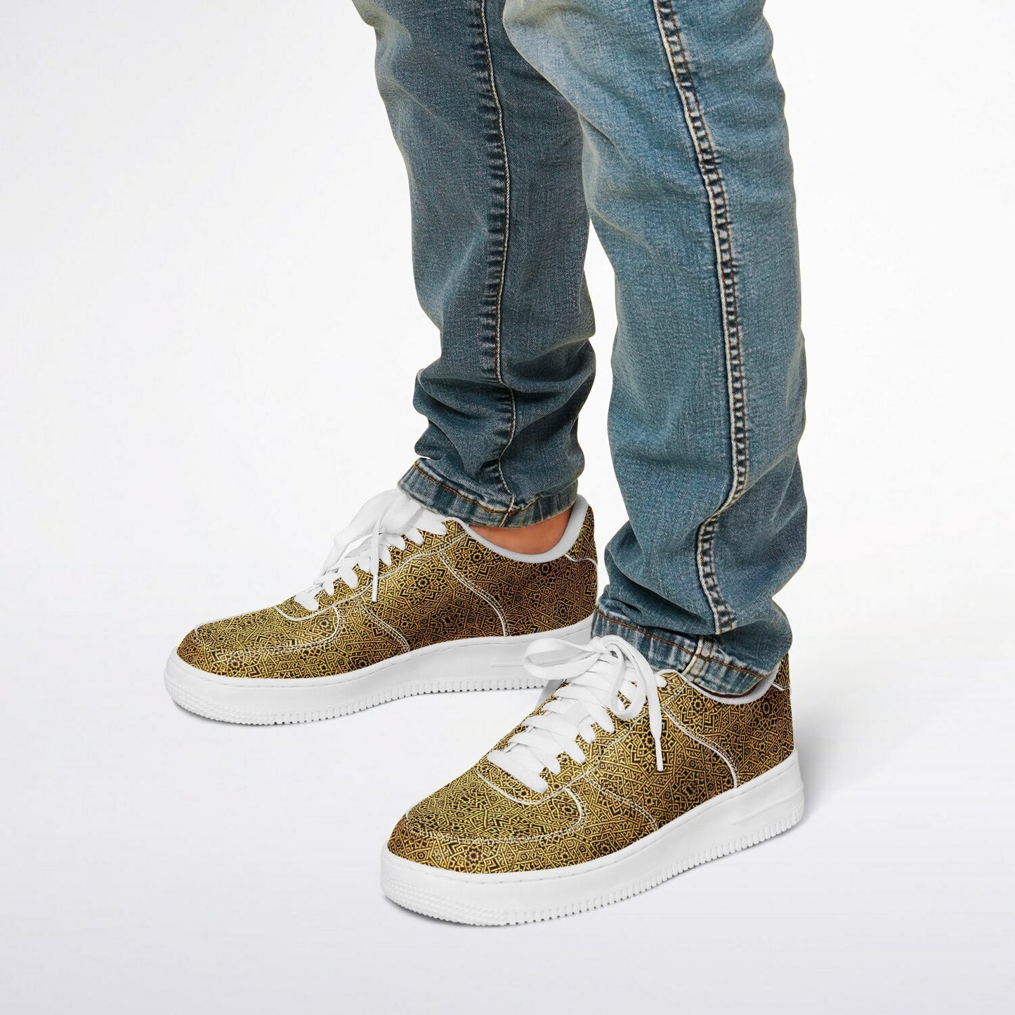 Geometric Gold Core Low Shoes – Unisex Custom Sneakers | Geometric Gold Pattern | Stylish Streetwear & Outerwear