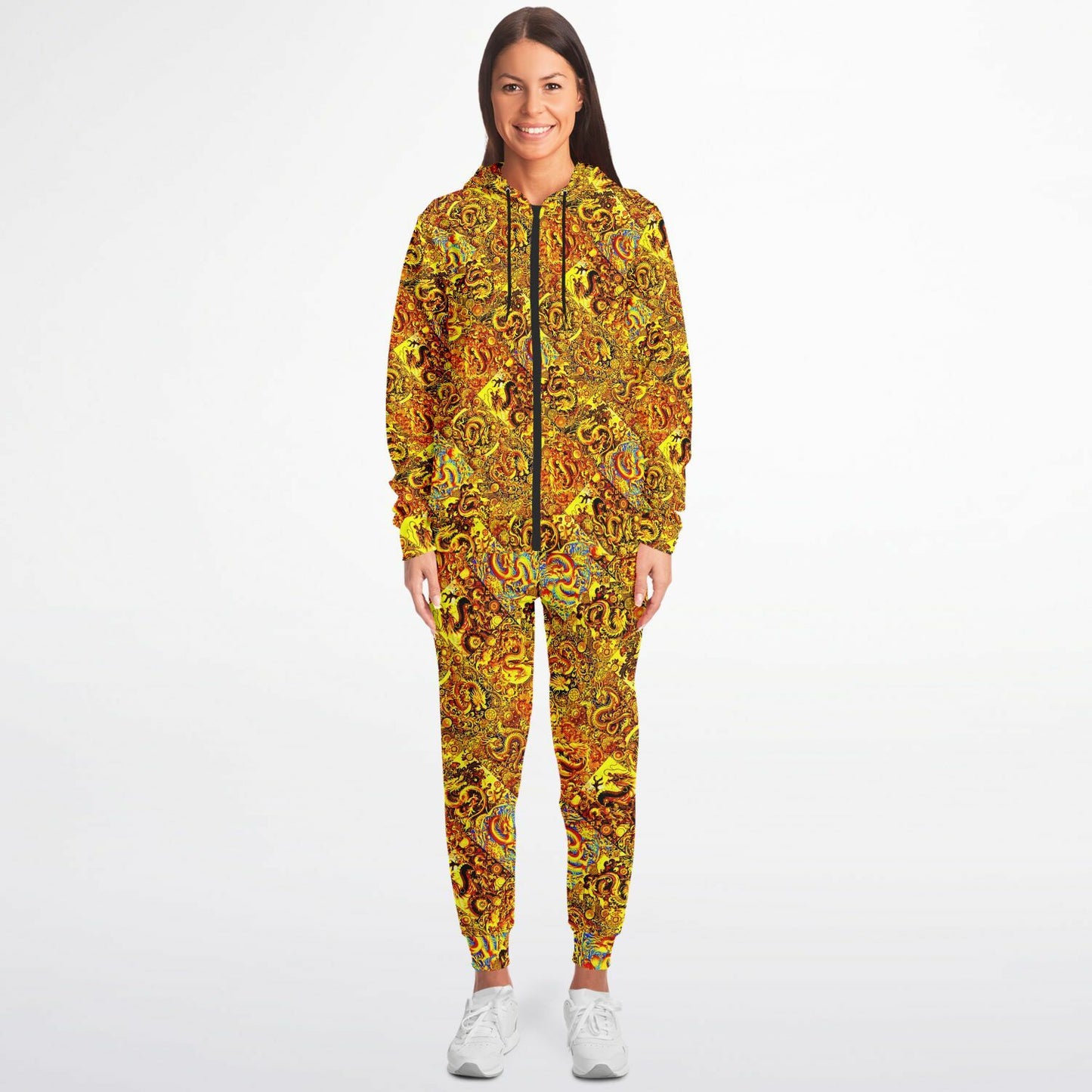 Gold Dragon Zip Hoodie & Jogger Set – Bold Streetwear Tracksuit with Mythical Asian-Inspired Design (AOP)