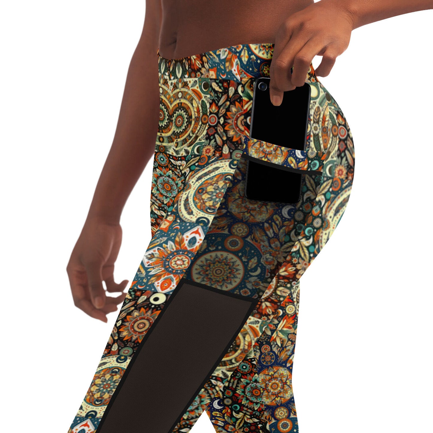 Boho Patchwork Mesh Pocket Leggings – Trendy All-Over Print (AOP) for Fashion-Forward Activewear