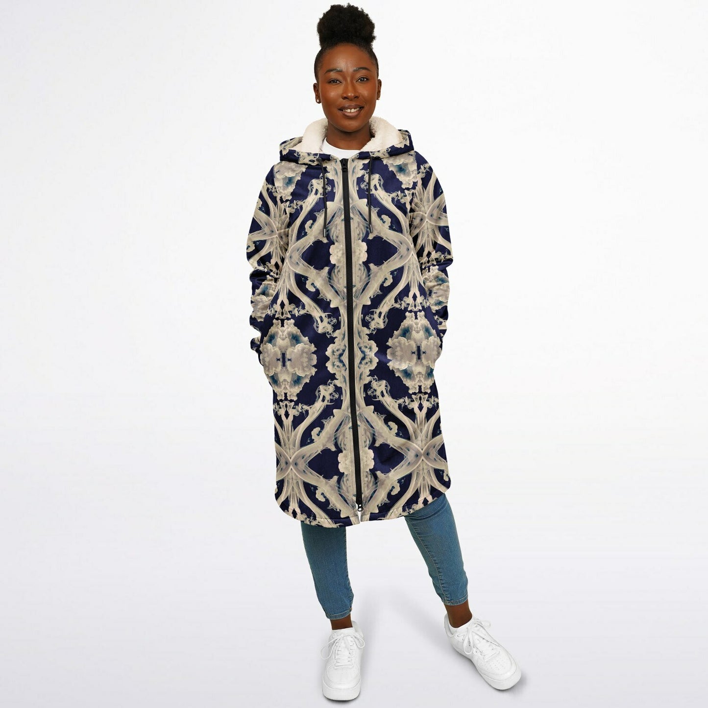 Clear Smoke Cymatic Zip Cloak – Sleek, Futuristic & Ultra-Cozy Longline Jacket