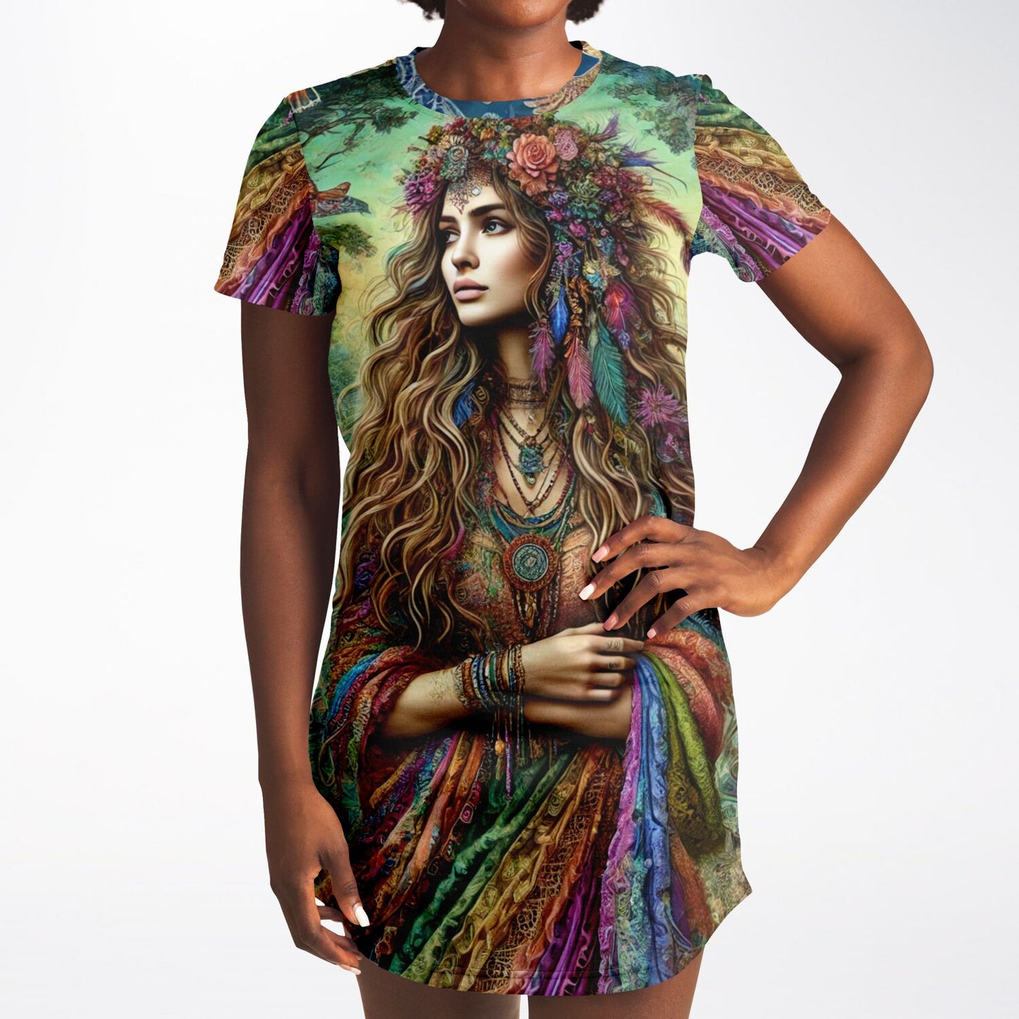 Spiritual Goddess Trinity Collection T-Shirt Dress – Vibrant All-Over Print (AOP) Featuring Unique Faces for Boho Chic Comfort