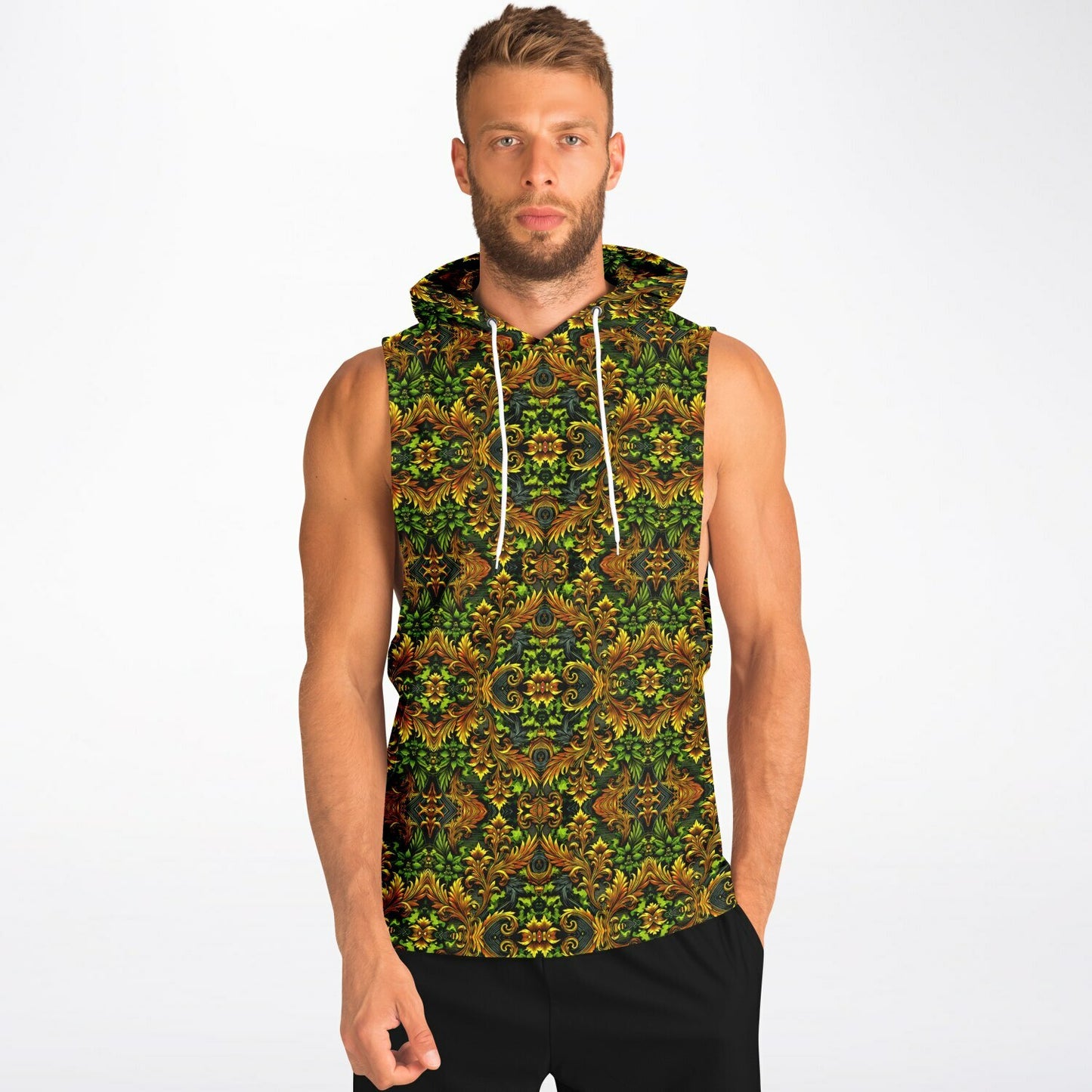 Emerald Green & Gold Athletic Drop Armhole Hoodie – All-Over Print, Lightweight & Breathable Activewear