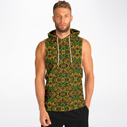 Emerald Green & Gold Athletic Drop Armhole Hoodie – All-Over Print, Lightweight & Breathable Activewear