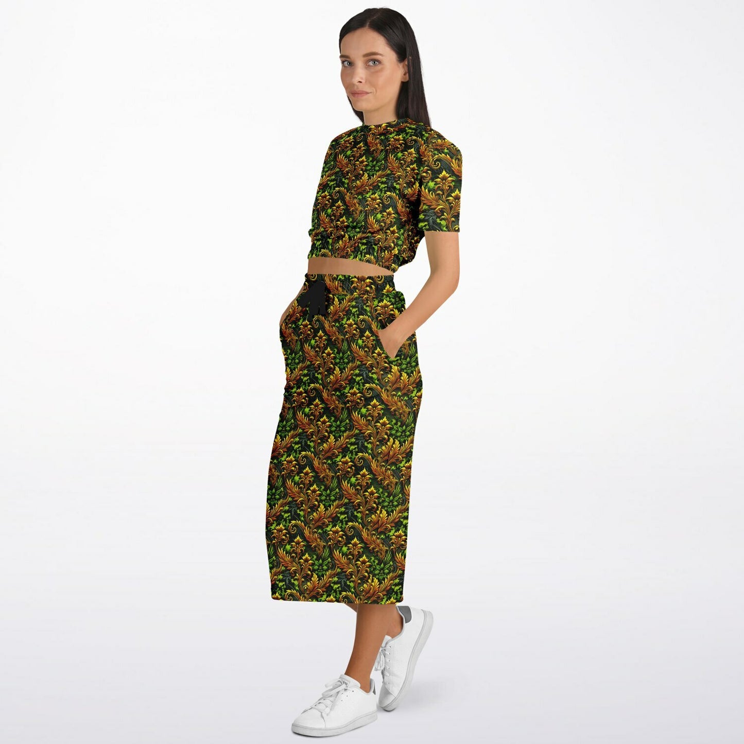 Gold Garden Cropped Sweatshirt & Long Pocket Skirt Set – Trendy Two-Piece Loungewear & Streetwear Outfit (AOP)