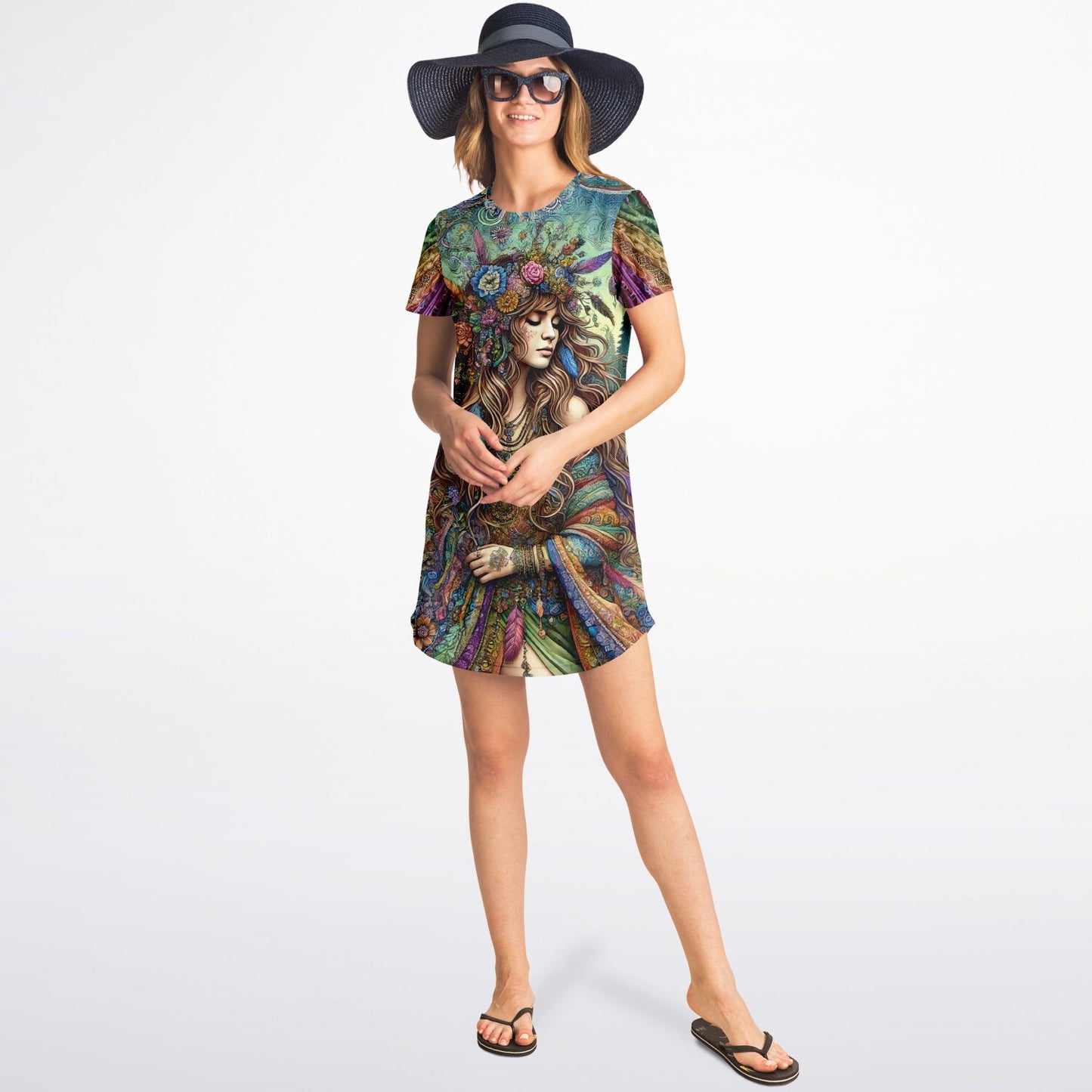 Spiritual Goddess Trinity Collection T-Shirt Dress – Unique Faces, Premium All-Over Print (AOP) for Boho Style and Comfort