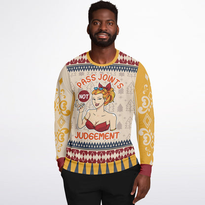 Funny Cannabis Sweatshirt – “Pass Joints, Not Judgement” Stoner Holiday Jumper, Spiritual Humour Gift