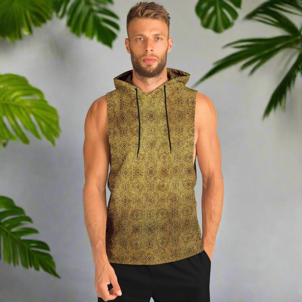 Geometric Gold Drop Armhole Hoodie – Unisex All-Over Print (AOP) | Bold Streetwear Hoodie | Fleece-Lined for Comfort & Style