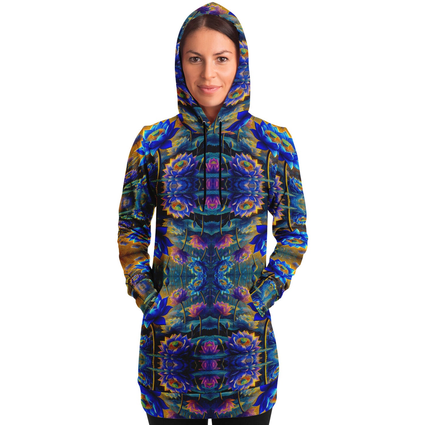 Blue Lotus Flower, Female, Longline Hoodie – Boho-Inspired All-Over Print Hoodie for Streetwear, Loungewear, Everyday Comfort (AOP)