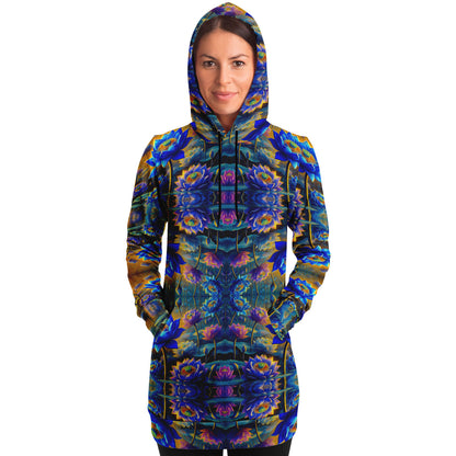 Blue Lotus Flower, Female, Longline Hoodie – Boho-Inspired All-Over Print Hoodie for Streetwear, Loungewear, Everyday Comfort (AOP)