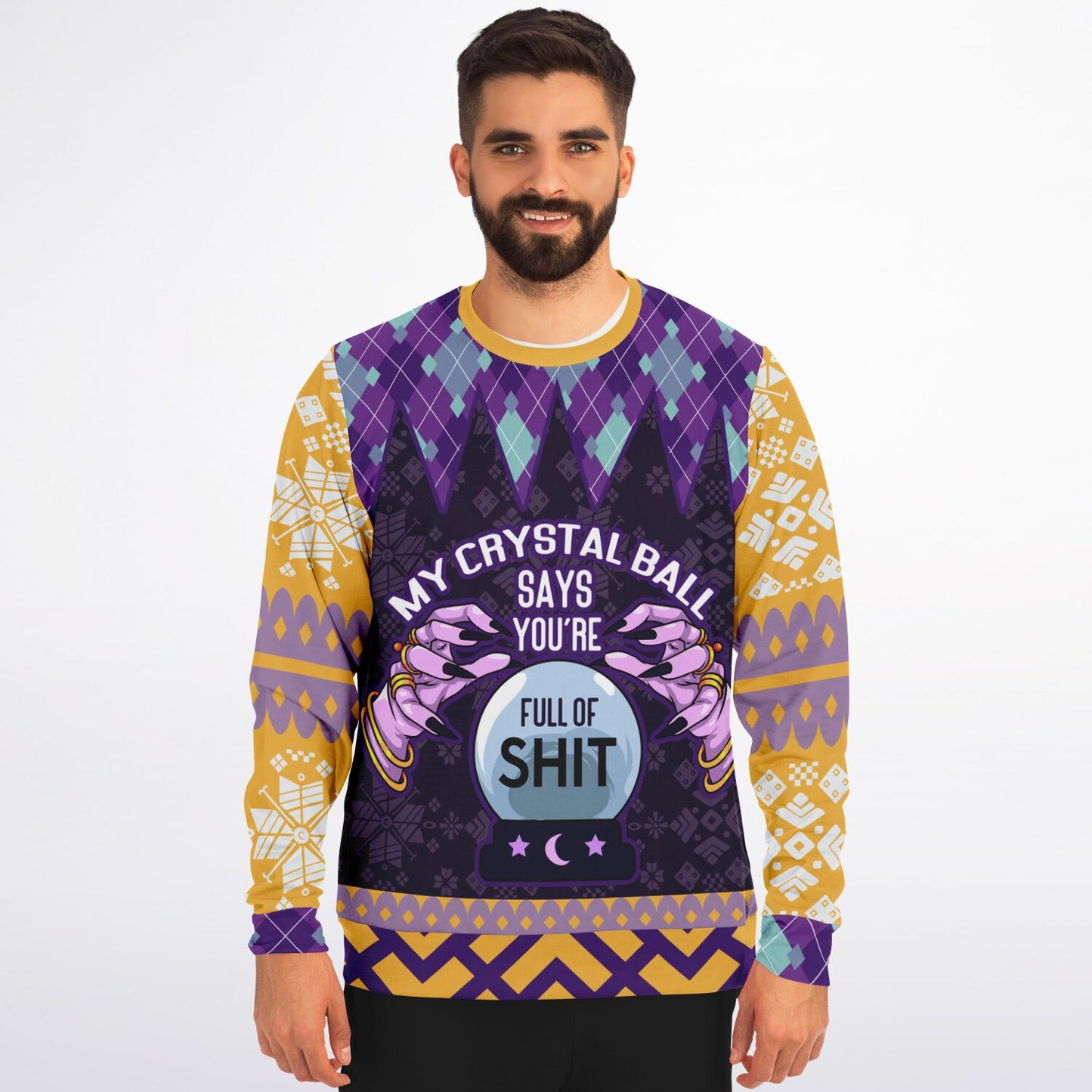 Spiritual Crystal Ball Sweatshirt – Mystical Aesthetic Jumper with Purple Hands, Celestial Snowflakes & Funny Quote