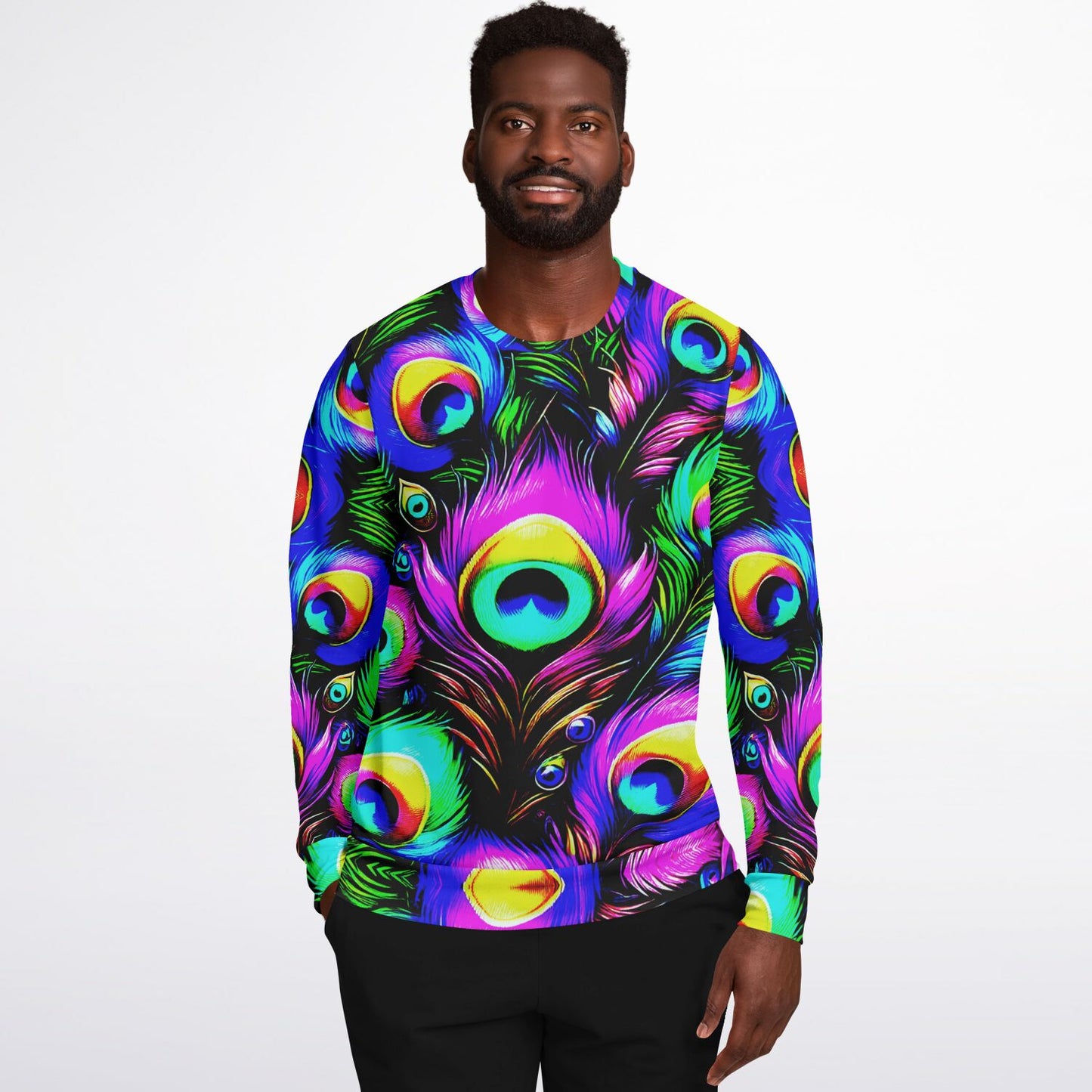 Peacock Neon Psychedelic Athletic Sweatshirt – Vibrant All-Over Print (AOP) | Bold Festival & Streetwear Fashion