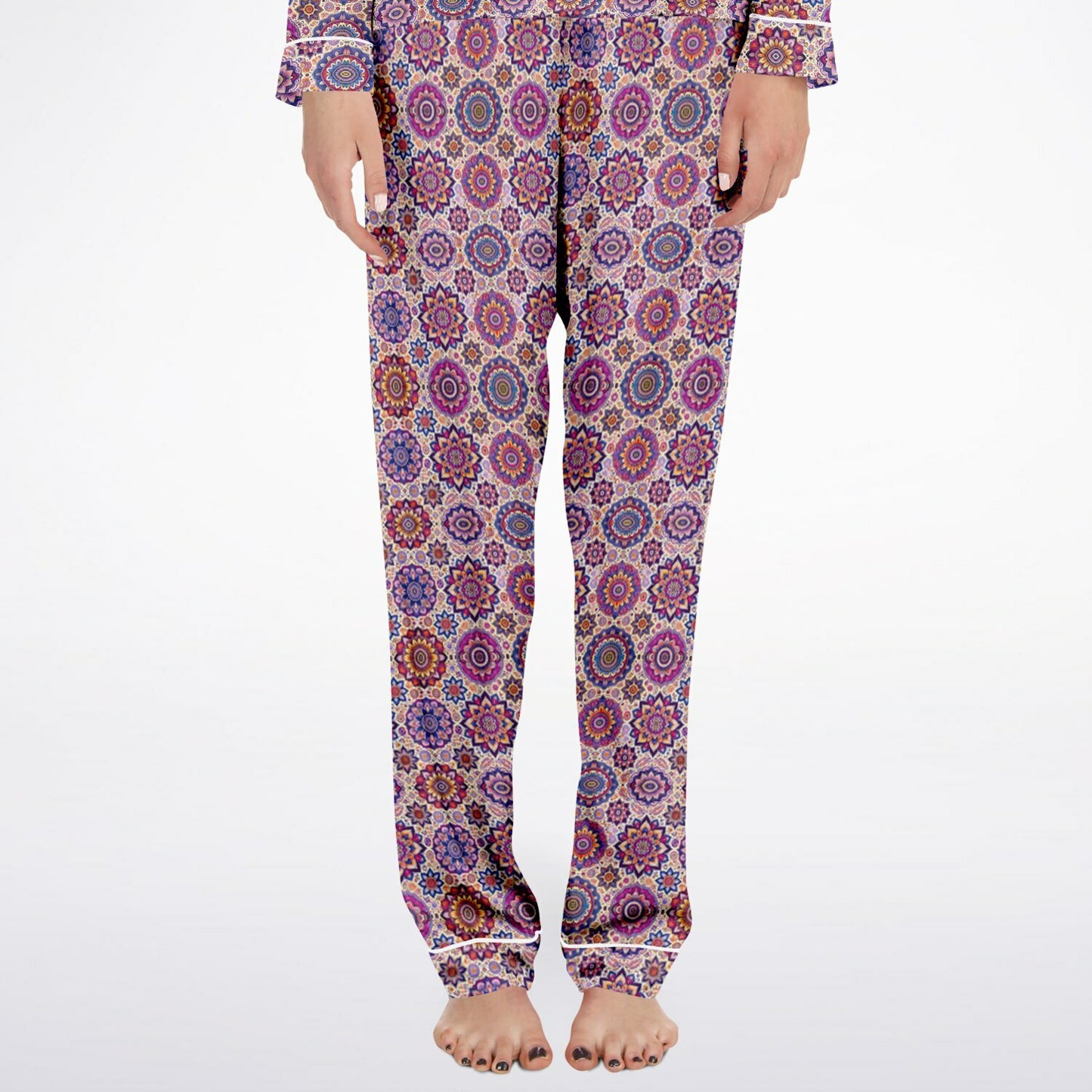 Luxury Pink Geometric Women’s Satin Pyjamas – All-Over Print Elegant Sleepwear, Soft & Comfortable Pajama Set for Women