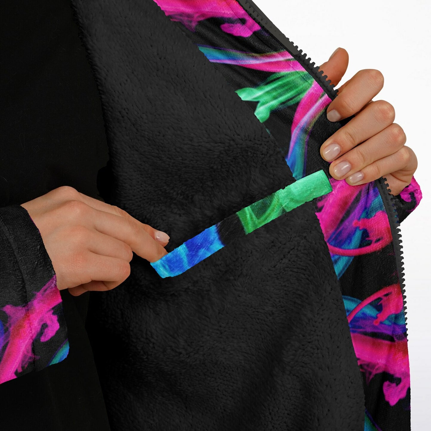 Neon Spectrum Cymatic Zip Cloak – Bold, Futuristic & Ultra-Cozy Longline Jacket