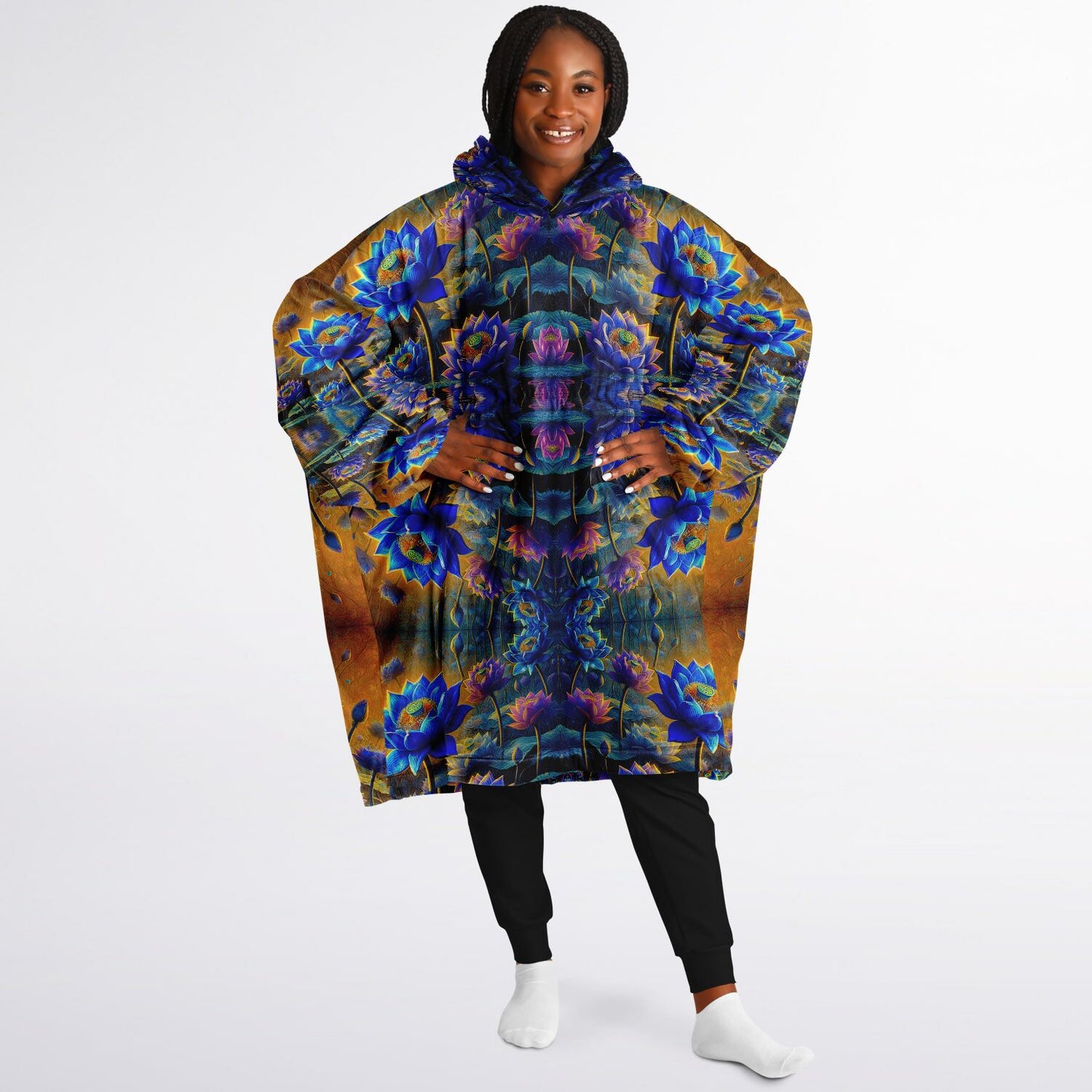 Blue Lotus Flower Snug Hoodie – Oversized Fleece-Lined Wearable Blanket, Unisex Cozy Loungewear (One-Size Fits Up to 5XL)