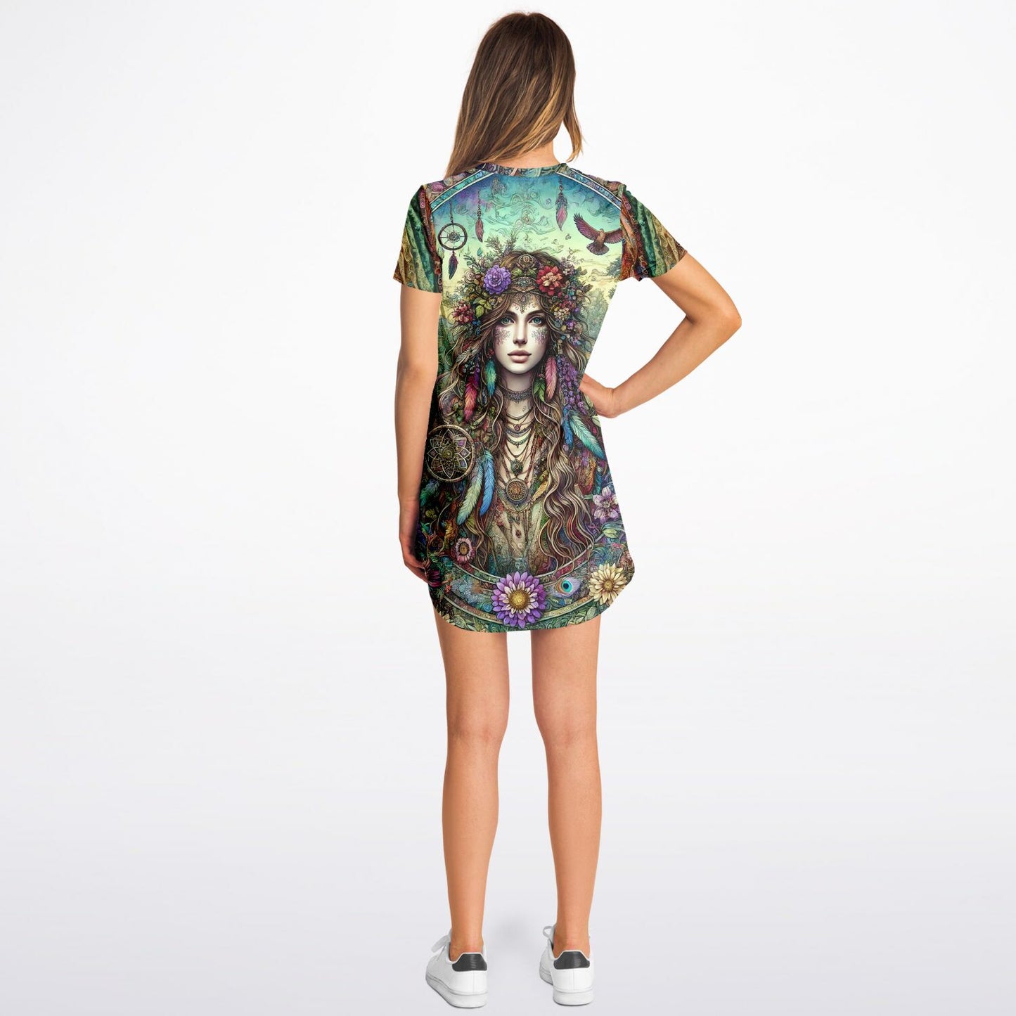 Spiritual Goddess Trinity Collection T-Shirt Dress – Vibrant All-Over Print (AOP) Featuring Unique Faces for Boho Chic Comfort