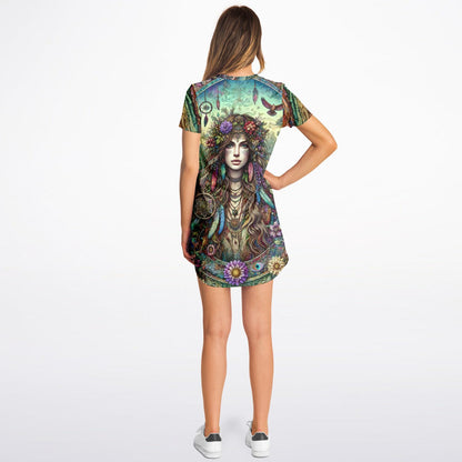 Spiritual Goddess Trinity Collection T-Shirt Dress – Vibrant All-Over Print (AOP) Featuring Unique Faces for Boho Chic Comfort