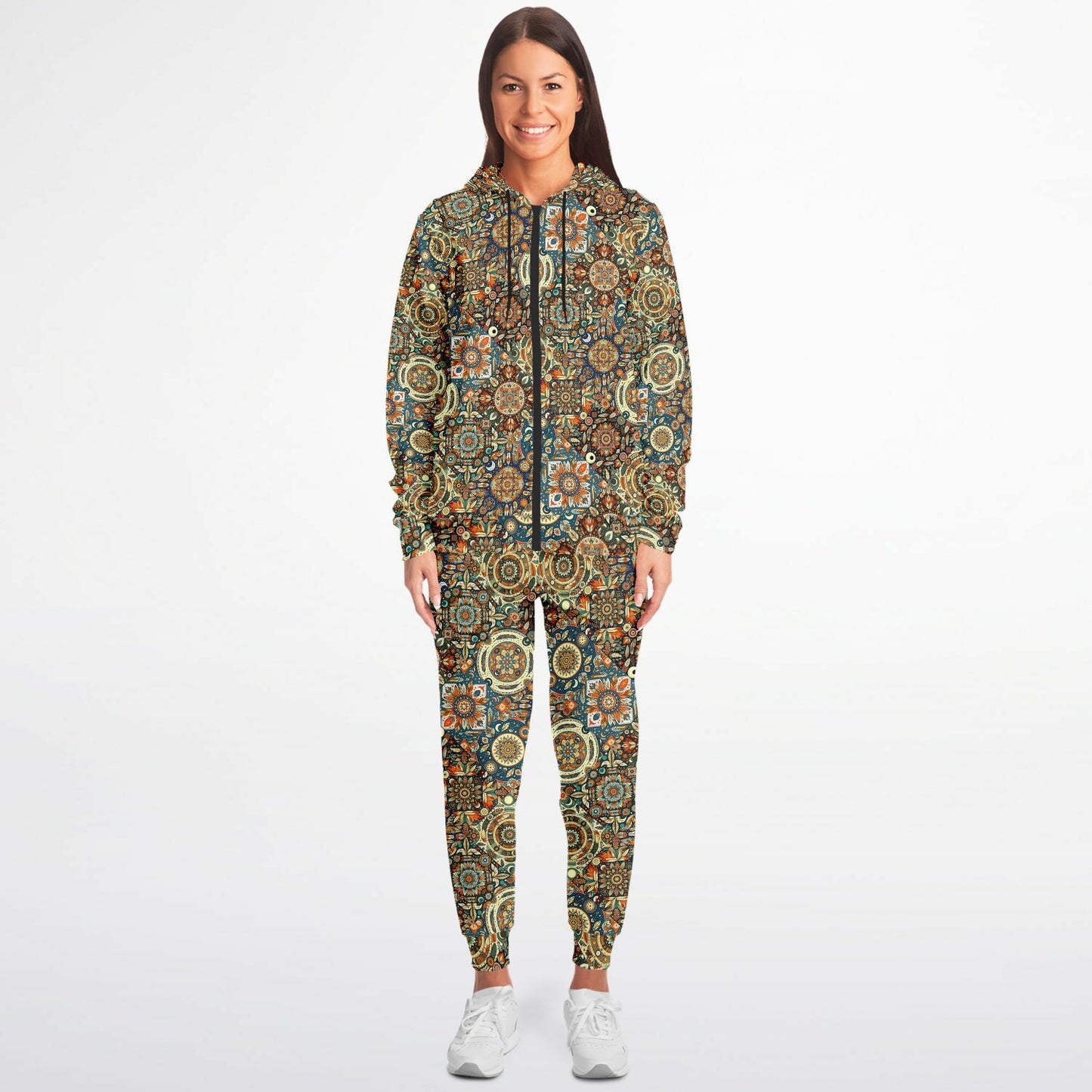 Boho Patchwork Zip Hoodie & Jogger Set – Bohemian Style Loungewear, Trendy All-Over Print Tracksuit, Casual Streetwear & Comfortable Activewear