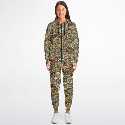 Boho Patchwork Zip Hoodie & Jogger Set – Bohemian Style Loungewear, Trendy All-Over Print Tracksuit, Casual Streetwear & Comfortable Activewear