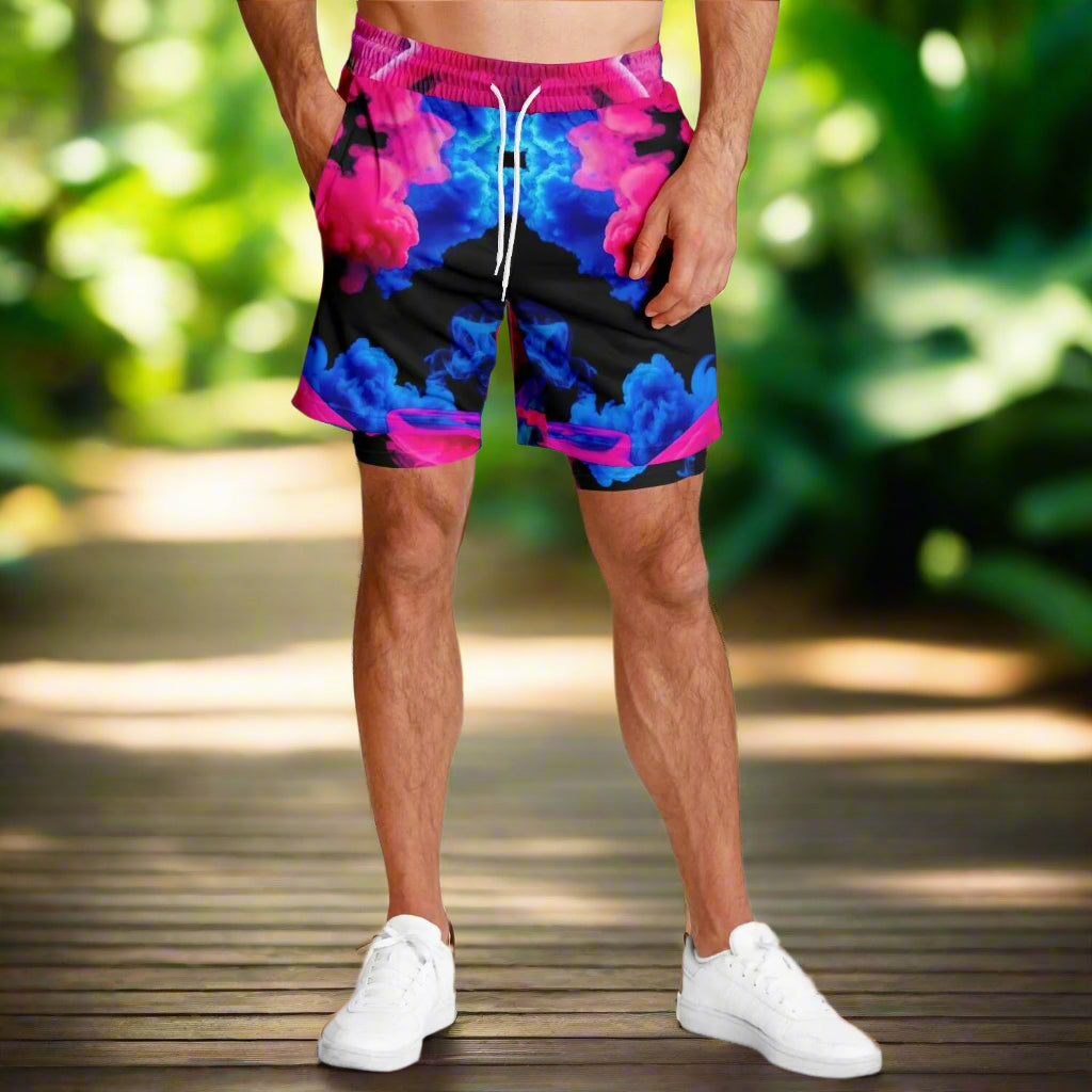 Neon Smoke Floral 2-in-1 Shorts with Pockets – Men’s Athletic & Workout Wear | All-Over Print
