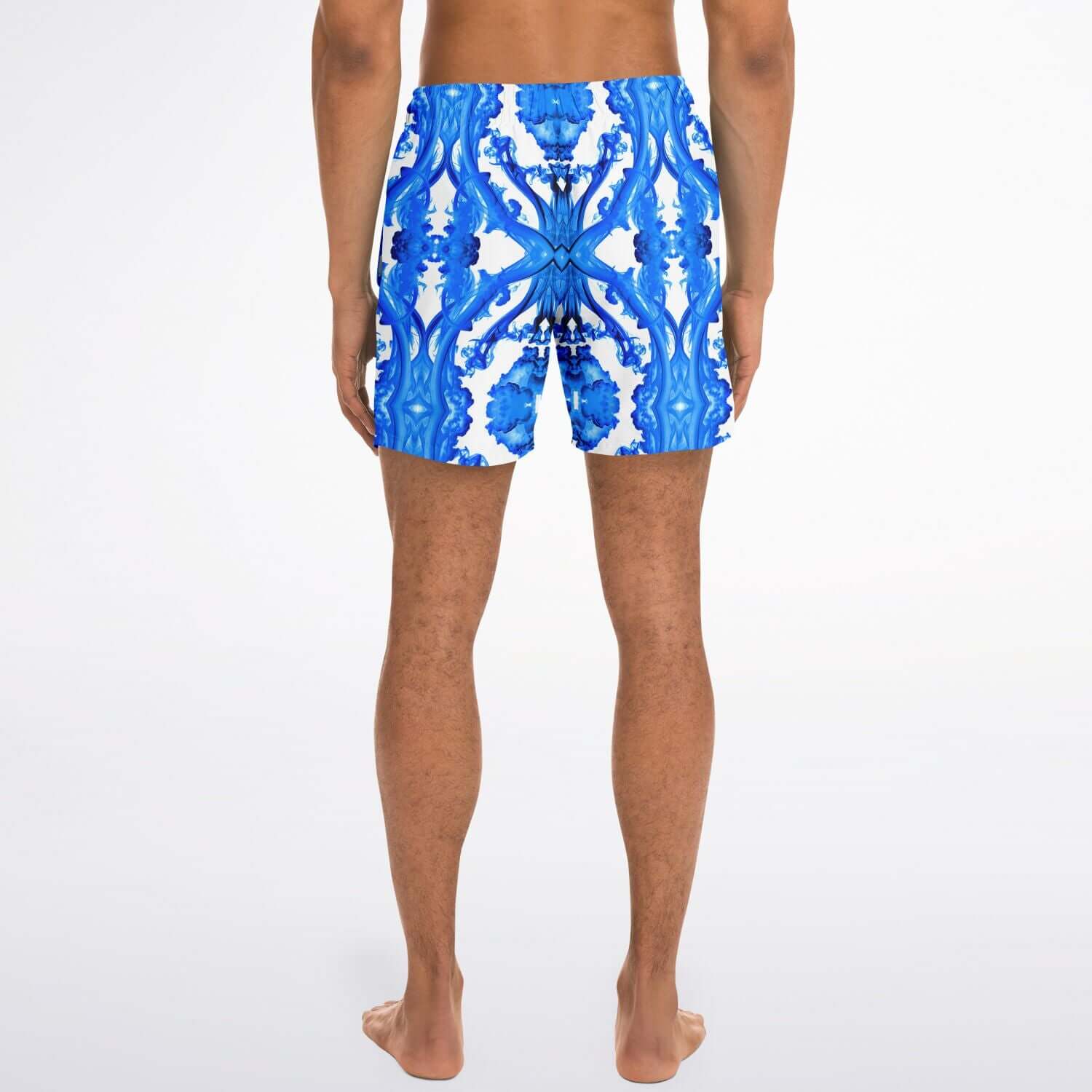 Back view of ocean blue cymatic men's swim shorts, showcasing quick-dry fabric and stylish design.
