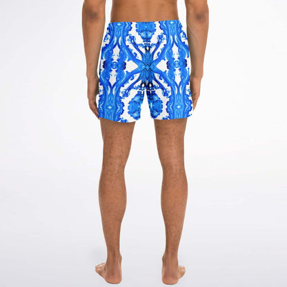 Back view of ocean blue cymatic men's swim shorts, showcasing quick-dry fabric and stylish design.
