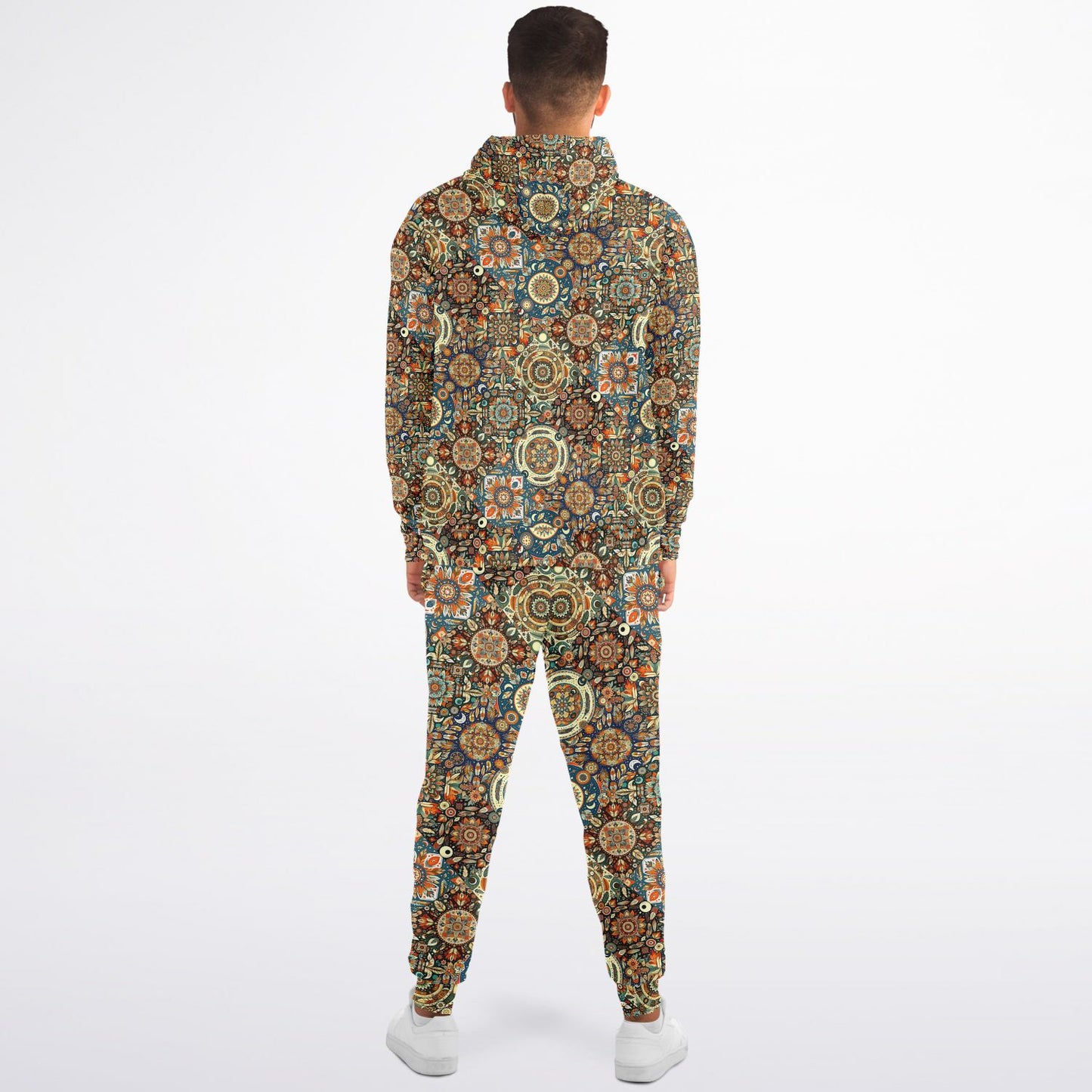 Boho Patchwork Zip Hoodie & Jogger Set – Bohemian Style Loungewear, Trendy All-Over Print Tracksuit, Casual Streetwear & Comfortable Activewear