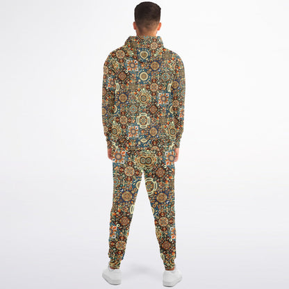 Boho Patchwork Zip Hoodie & Jogger Set – Bohemian Style Loungewear, Trendy All-Over Print Tracksuit, Casual Streetwear & Comfortable Activewear