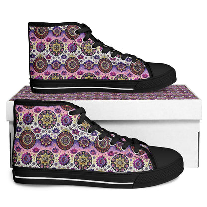 Geometric Pink & White High-Top Sneakers – All-Over Print Urban Streetwear, Trendy Casual Shoes