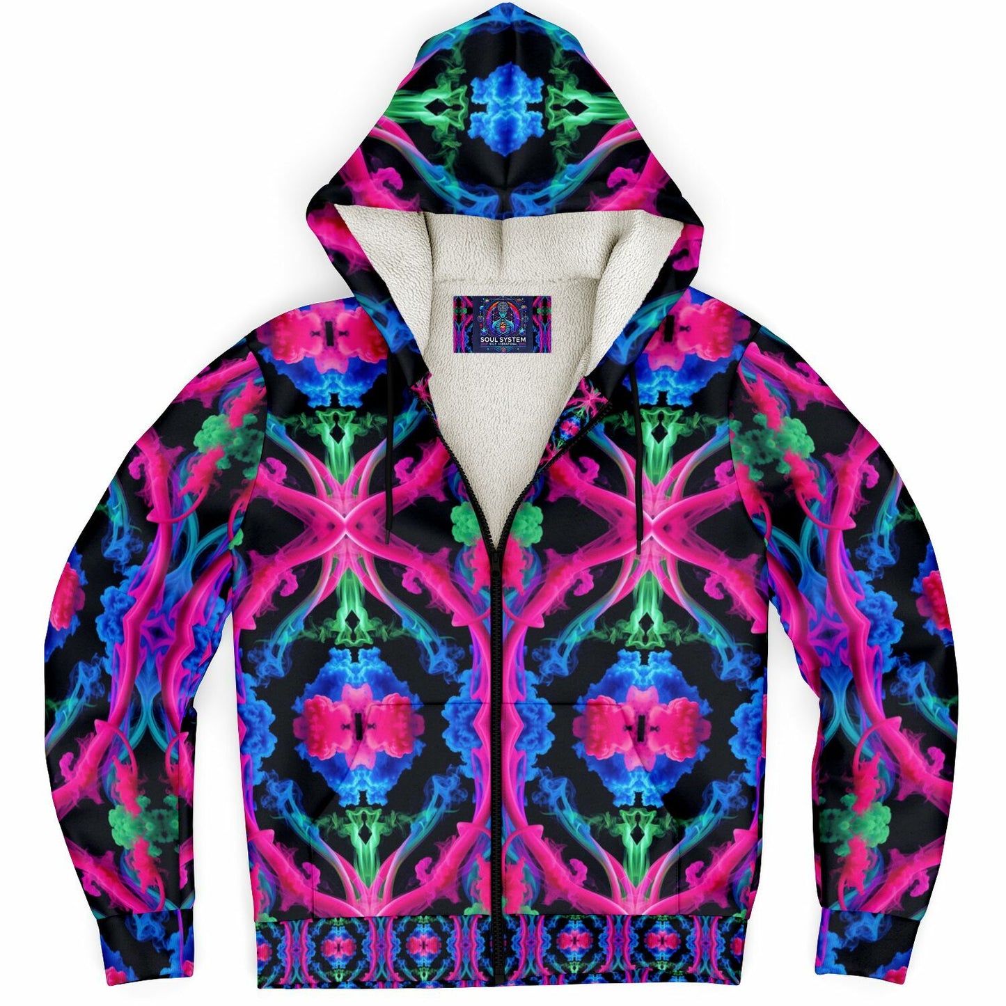 Neon Spectrum Cymatic Microfleece Zip Hoodie – Vibrant, Cozy & Bold All-Over Print Jacket