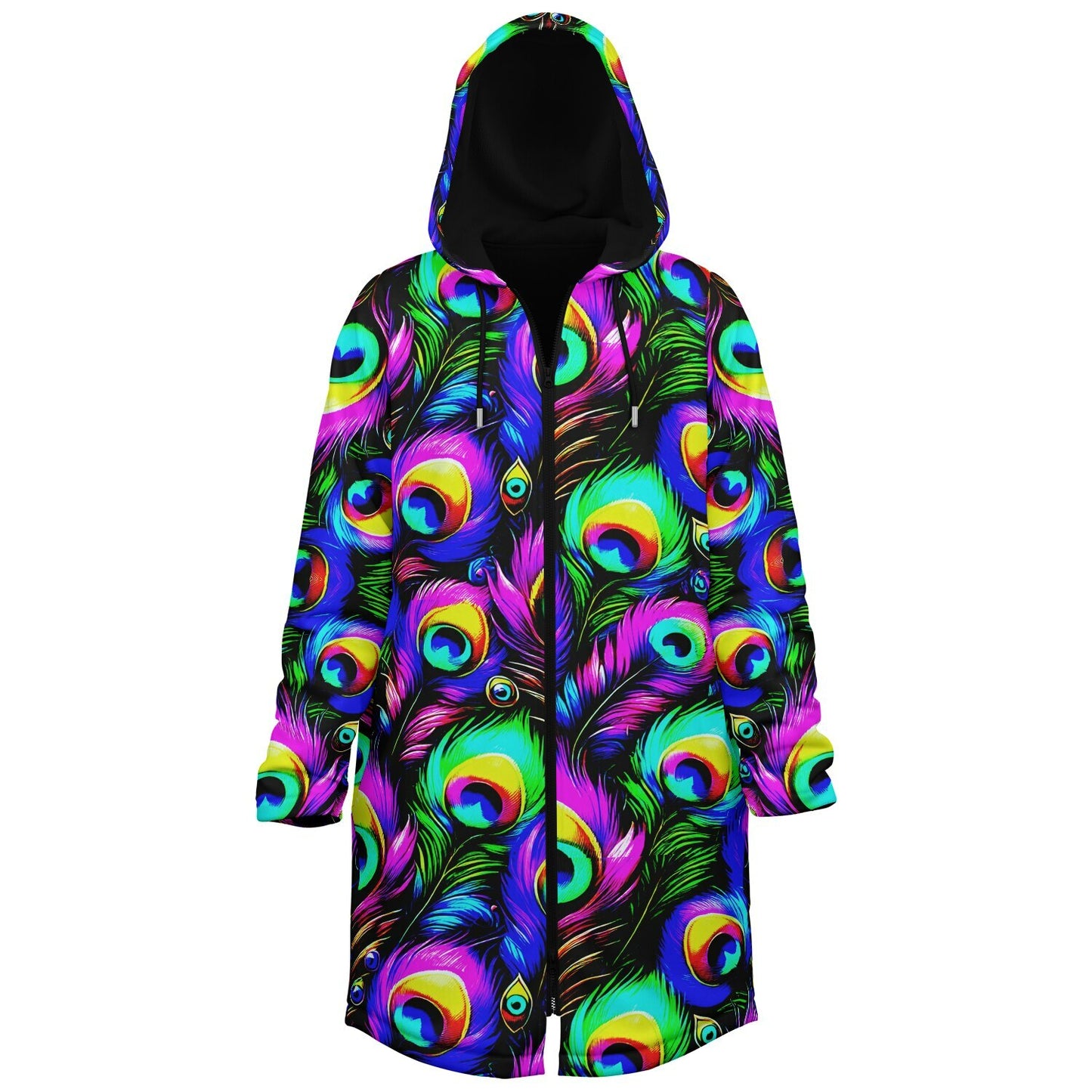 Psychedelic Peacock Print Zipper Cloak - Bold, Vibrant All-Over Design | Luxurious Comfort & Striking Style